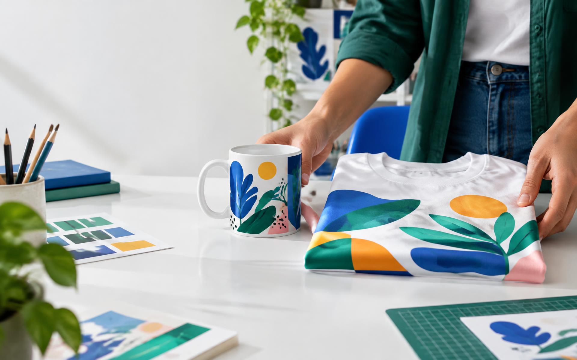 Caneca e camiseta personalizadas em uma mesa de criação